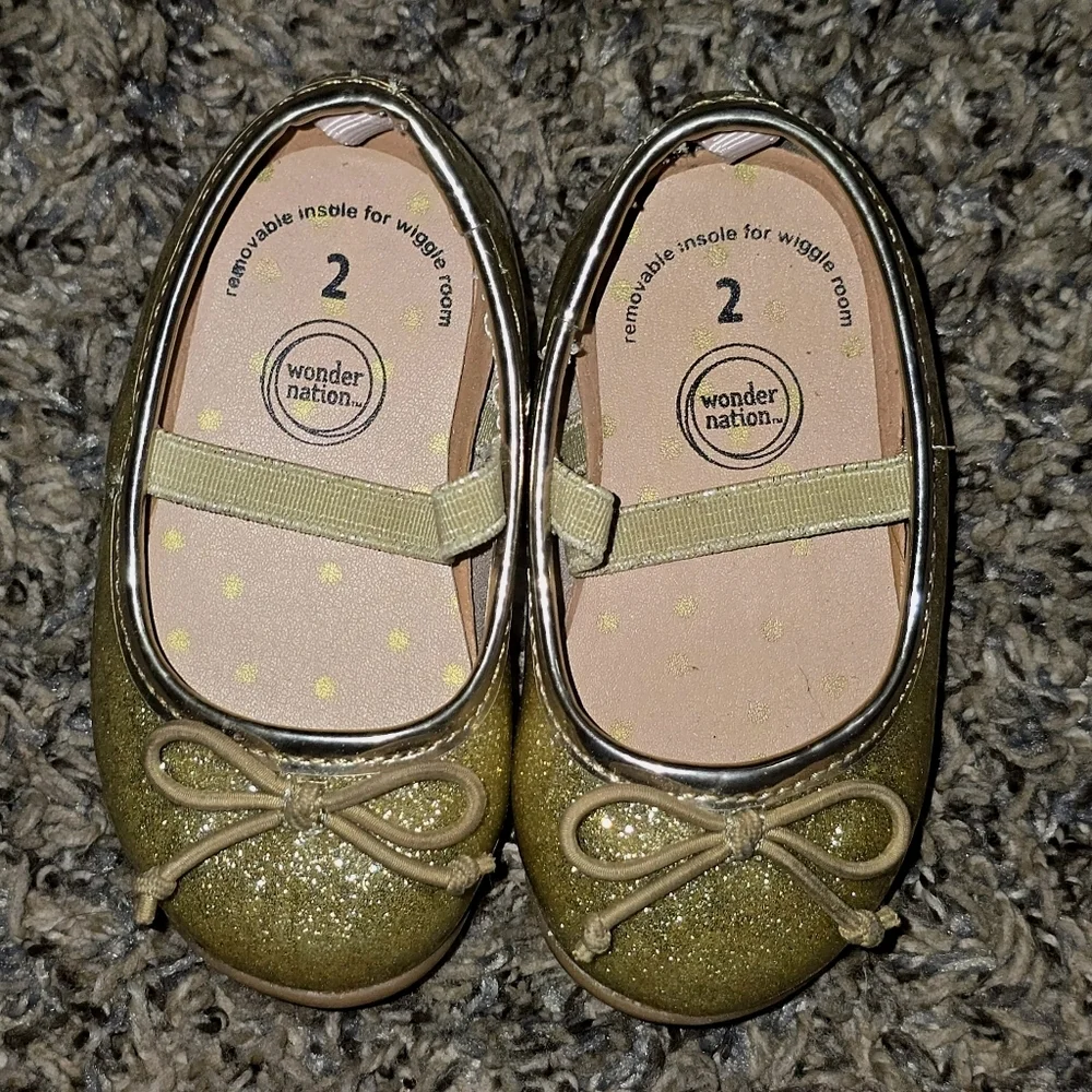 Wonder Nation Gold Glitter Bow Ballet Flats Size 2 Baby Girls